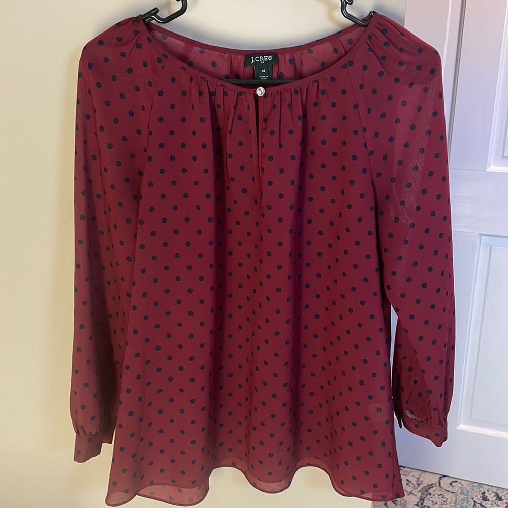 J. Crew maroon top with polka dots
